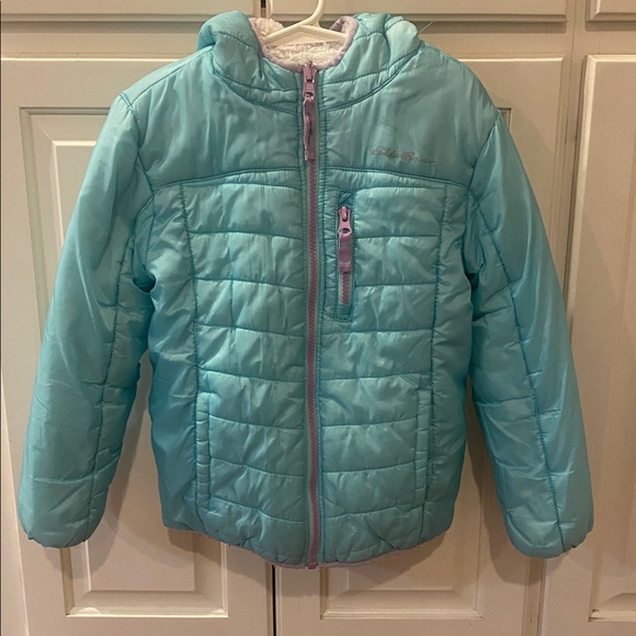Eddie Bauer Other - EDDIE BAUER Girls Youth XS 5-6 Reversible Plush Hoodie Zip Jacket Aqua Multi